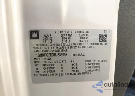 2011 Chevrolet Traverse 1Lt z USA, uszkodzony, nr VIN 1GNKRGEDXBJ333992